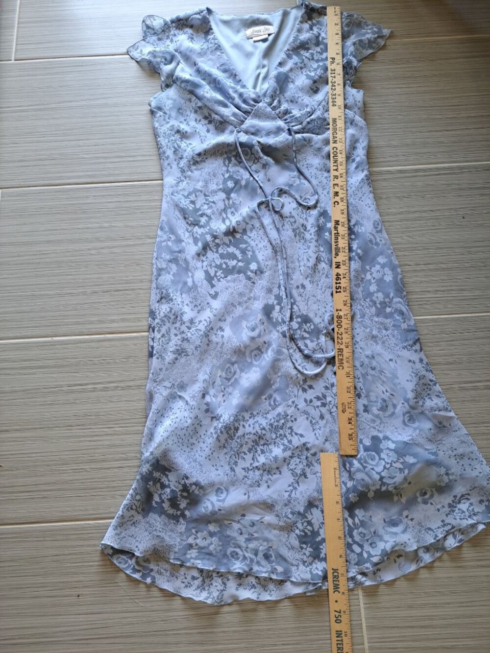 Vtg 90's Babydoll Slate Blue Midi Dress V-Neck Flutter Sleeves Lisa Jo Cottage M - Picture 11 of 12
